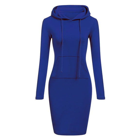 BOOMILK Winter Dresses for Women Solid Drawstring Hooded Long Sleeve Sweatshirt Dress With Pocket Slim Long Hoodies Blue