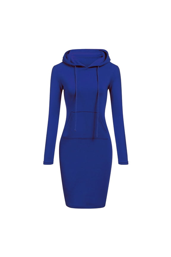 Winter Dresses for Women Solid Drawstring Hooded Long Sleeve Sweatshirt Dress With Pocket Slim Long Hoodies Blue