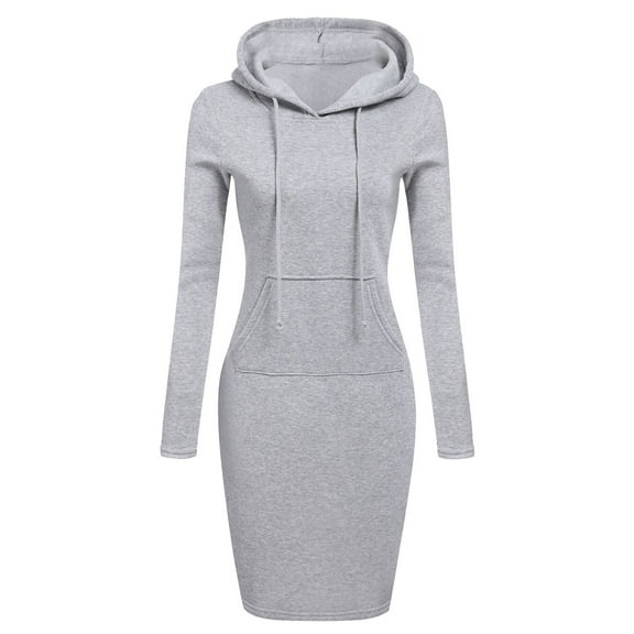 BOOMILK Winter Dresses for Women Solid Drawstring Hooded Long Sleeve Sweatshirt Dress With Pocket Slim Long Hoodies Gray