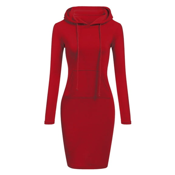 BOOMILK Winter Dresses for Women Solid Drawstring Hooded Long Sleeve Sweatshirt Dress With Pocket Slim Long Hoodies Red