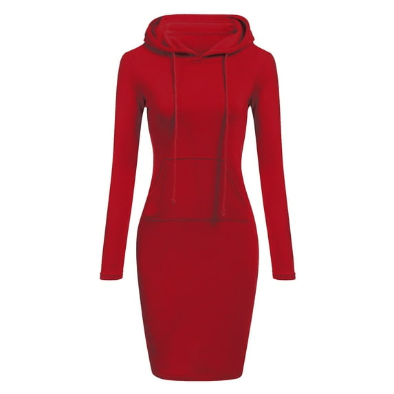 BOOMILK Winter Dresses for Women Solid Drawstring Hooded Long Sleeve Sweatshirt Dress With Pocket Slim Long Hoodies Red