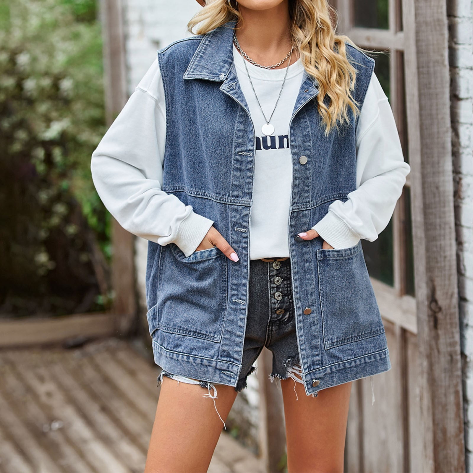 BOOMILK Woman Denim Vest Fashion Casual Turn Down Collar Sleeveless Denim Jacket