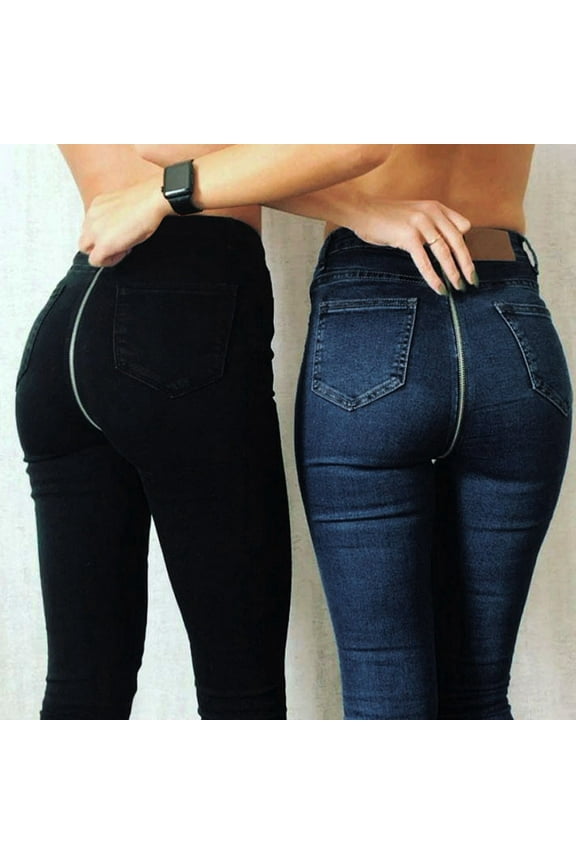Women Back Zipper Pencil Stretch Denim Skinny Jeans Pants High Waisted Trousers Blue