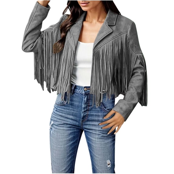 BOOMILK Women Fringe Faux Suede Leather Jacket Trendy Solid Color Tassel Motorcycle Cropped Jackets Grey