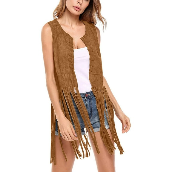 BOOMILK Women Fringe Vest 70s Hippie Costume Faux Suede Sleeveless Tassels Cardigan Cowboy Western Tops Brown