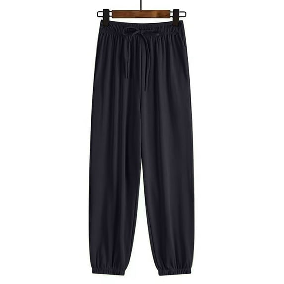 BOOMILK Women Ice Silk Sweatpants Women Loose Bunched Feet Summer Thin Casual Sanitary Pants Drape Thin Oversized Wide Leg Black