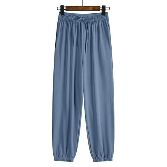 BOOMILK Women Ice Silk Sweatpants Women Loose Bunched Feet Summer Thin Casual Sanitary Pants Drape Thin Oversized Wide Leg Blue