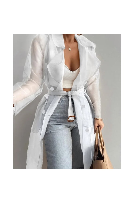 Women Lightweight Cardigan Sun Protection Sheer Long Sleeve Buttoned Coat With Belt