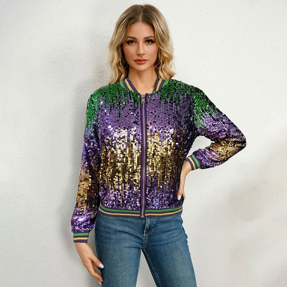 BOOMILK Women Sequin Bomber Jacket Sparkly Long Sleeve Trendy Party Club Mardi Gras Zipper Jackets