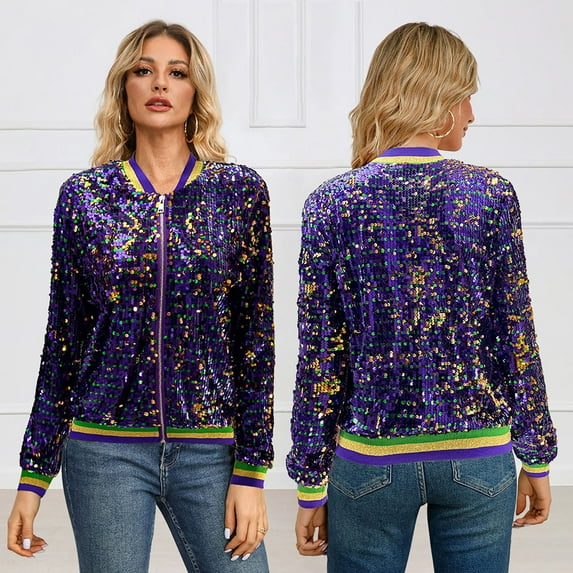 BOOMILK Women Sequin Bomber Jacket Sparkly Long Sleeve Trendy Party Club Mardi Gras Zipper Jackets