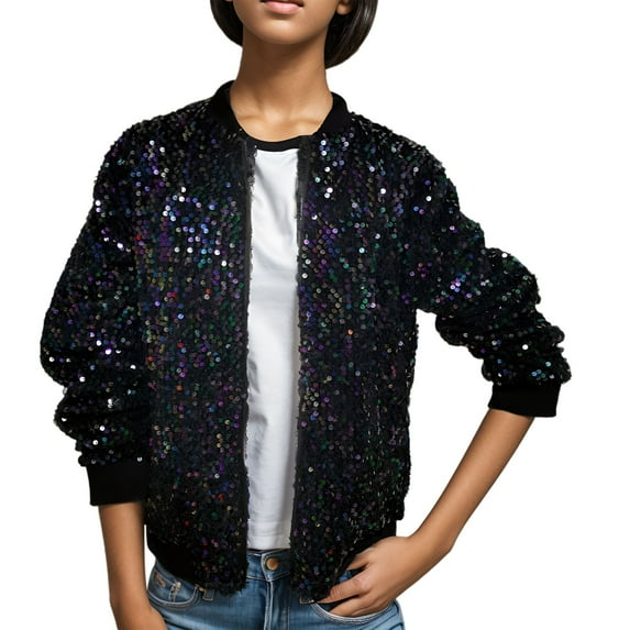 BOOMILK Women Shiny Sequin Jacket Plus Size Varsity Jackets Long Sleeve Zip Up Party Bomber Coat