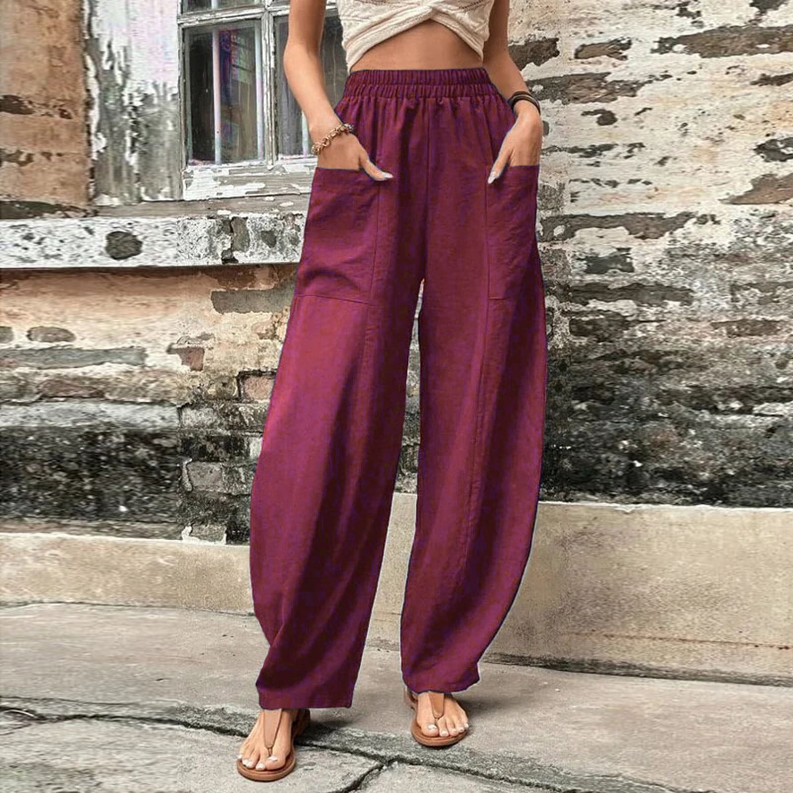 BOOMILK Women Solid Color Casual Pants Trousers Elastic Waisted Pockets  Wide Leg Trousers Dark Blue 