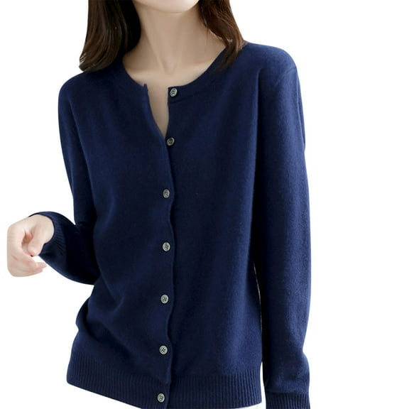 BOOMILK Women Solid Color Crew Neck Long Sleeve Button Down Cardigan