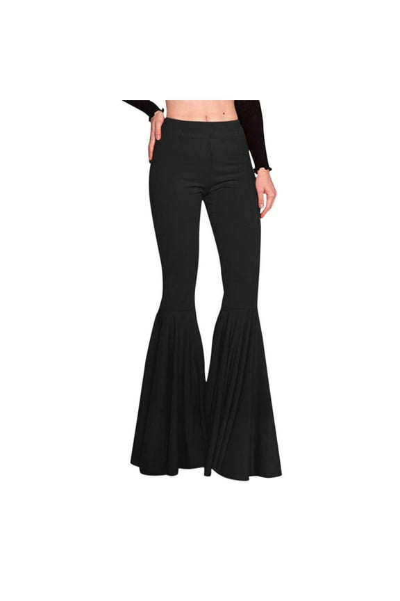 Women Solid Color High Waisted Slim Fit Stretch Casual Flared Pants Trousers Black