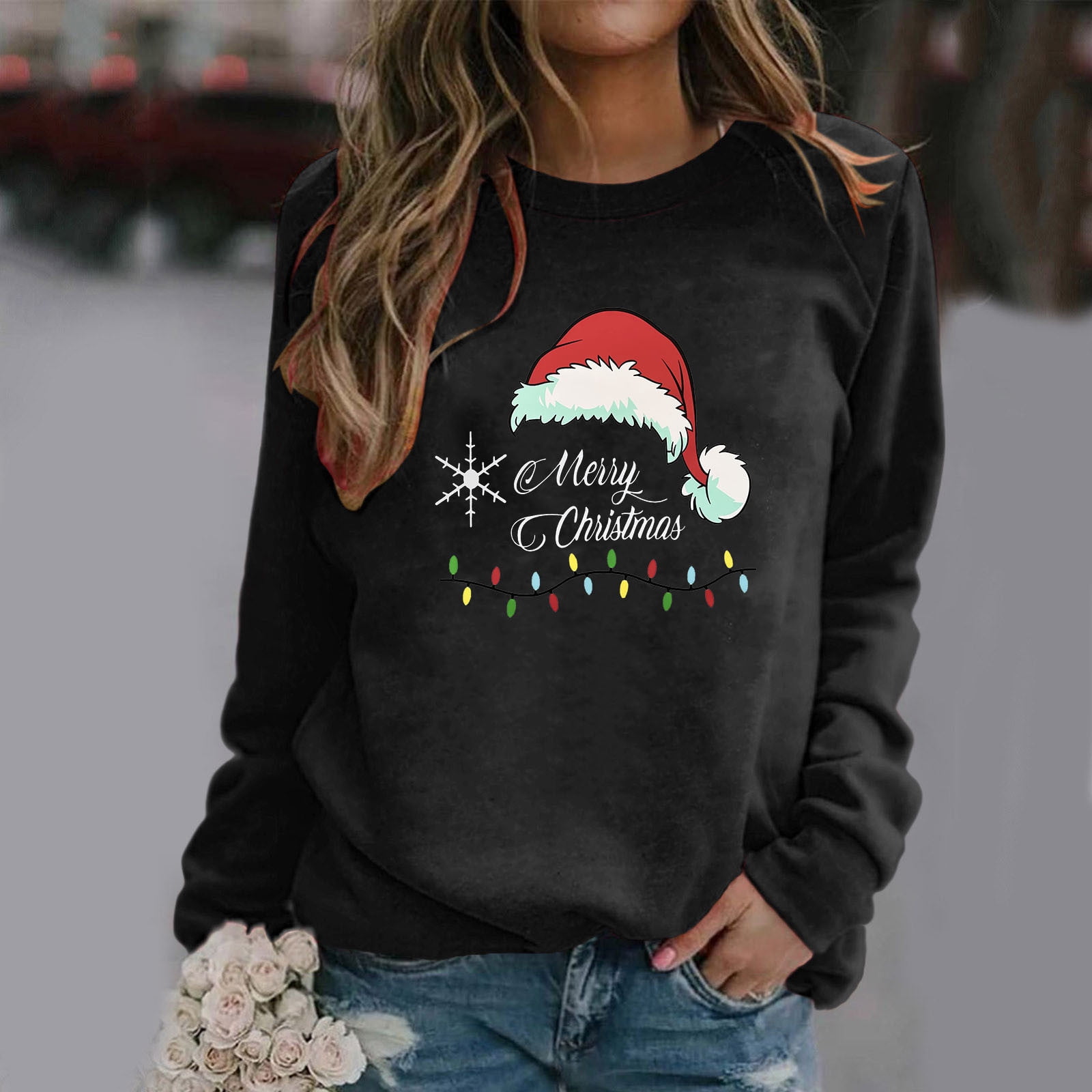BOOMILK Womens Christmas Sweatshirts Trendy Print Round Neck Hoodless ...