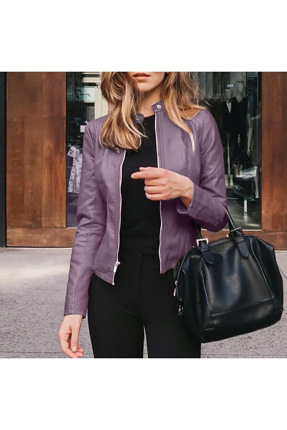 Womens Leather Jacket Motorcycle Long Sleeve Open Front Cropped Coat Plus Size Purple