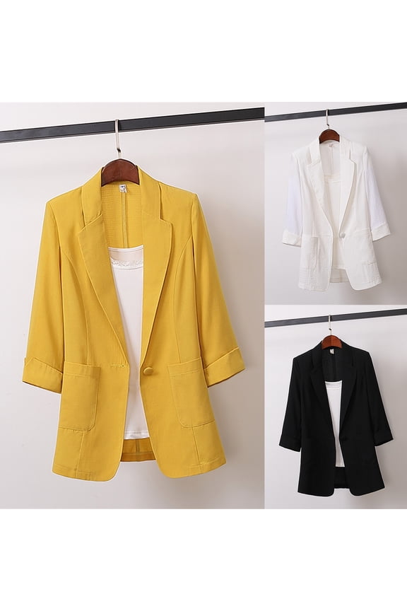 Womens Linen Blazers 3/4 Sleeve Lightweight Suit Jacket Plus Size Business Casual Work Blazer White
