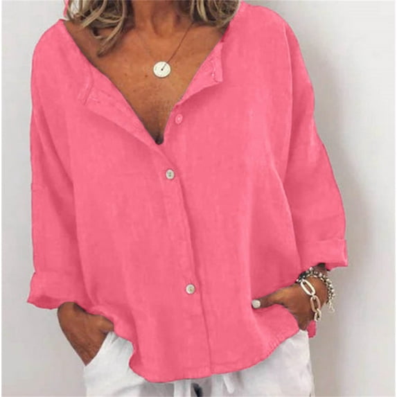 BOOMILK Womens Linen Shirts Solid Color Long Sleeve Button Down Shirt Dressy Casual Blouses Oversized Tunic Tops Hot Pink