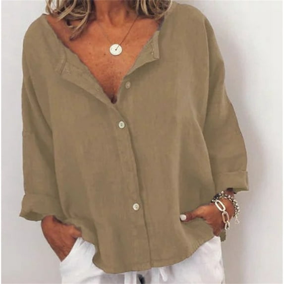 BOOMILK Womens Linen Shirts Solid Color Long Sleeve Button Down Shirt Dressy Casual Blouses Oversized Tunic Tops Khaki