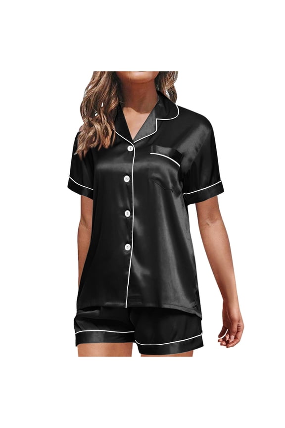 Womens Satin Pajamas Set Plus Size Short Sleeve Silky Sleepwear Button Down Loungewear 2 Piece Pjs Shorts Set
