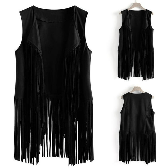 BOOMILK Womens Tassel Vest 70s Hippie Faux Suede Fringe Jacket Sleeveless Cardigan Black