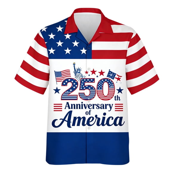 CONZONE 250 Anniversary Usa Mens Buttons Down Shirts Short Sleeve Independence Day Shirts for Men Trendy Patriotic Usa Star Striped Graphic Lapel Soft Lightweight Tops