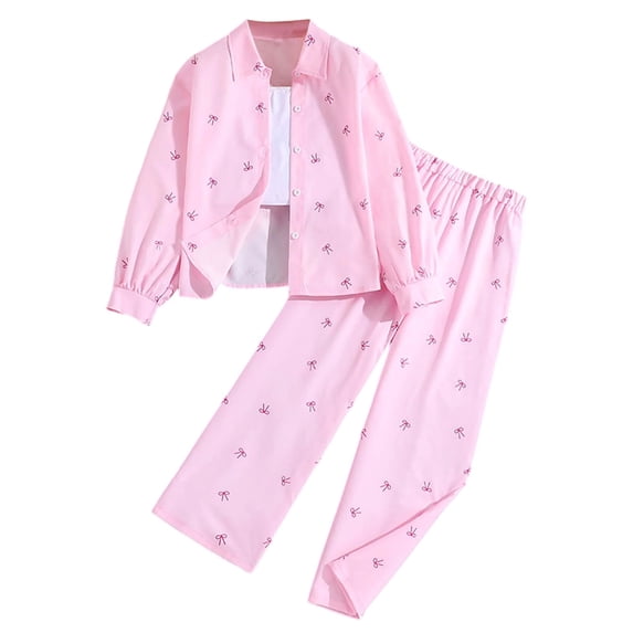 BOOMNY 2Pcs Girls Outfit Sets Bowknot Graphic Long Sleeve Buttons Shirts Pants Sets for Kids Comfy Clothing Set
