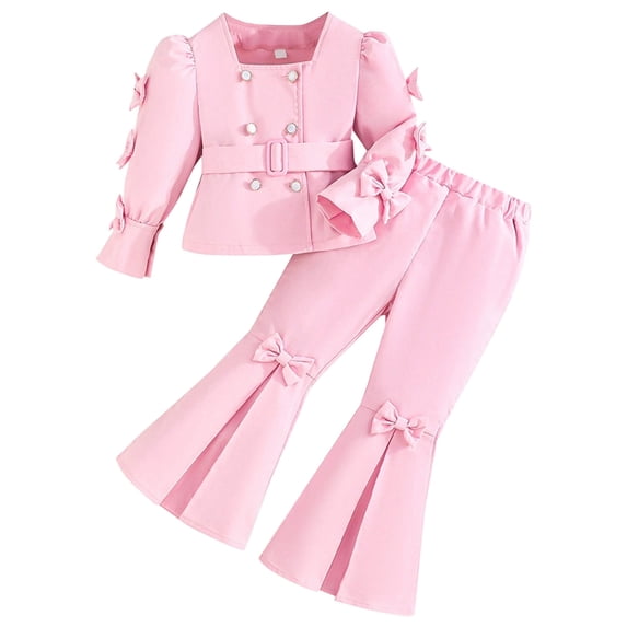 BOOMNY 2Pcs Girls Outfit Sets Solid Long Sleeve Tops Flared Pants Sets for Kids Comfy Clothing Set