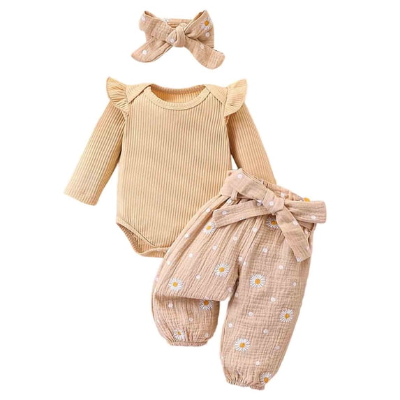 BOOMNY 3Pcs Girls Outfit Sets Floral Graphic Long Sleeve Bodysuit Pants With Hairband Sets for Kids Comfy Clothing Set