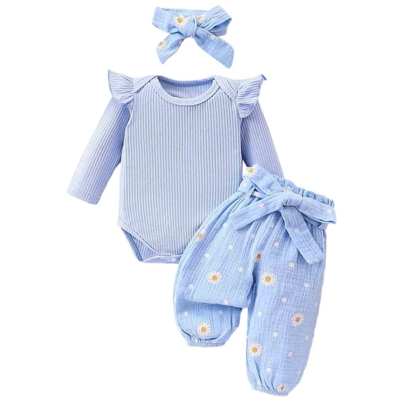 BOOMNY 3Pcs Girls Outfit Sets Floral Graphic Long Sleeve Bodysuit Pants With Hairband Sets for Kids Comfy Clothing Set