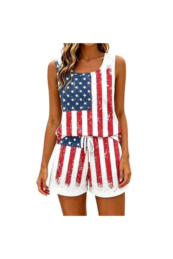 4Th Of July Womens 2 Peice Sets Patriotic Usa Star Striped Graphic Short Sleeve Tops Shorts Outfits for Women Independence Day Matching Sets