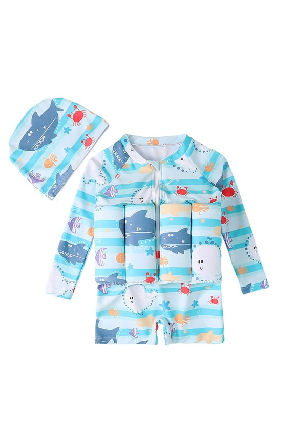 Baby Boys Floatation Swimsuits Long Sleeve Cartoon Shark Prints One Piece Swim Vest Soft Quickly Dry Swimming Training Buoyancy Swimsuit Comfy Child's Swimwear