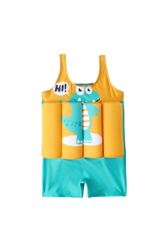 Baby Boys Floatation Swimsuits Sleeveless Cartoon Dinosaur Prints One Piece Swim Vest Soft Quickly Dry Swimming Training Buoyancy Swimsuit Lovely Child's Swimwear