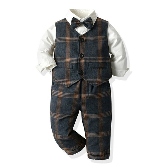 BOOMNY Baby Boys Outfit Set Long Sleeve Casual Plaid Printed Vest Stretchy Pants 2Pcs Outfit Sets Soft Loose Fit Clothes Sets Comfy Childs Dailywear