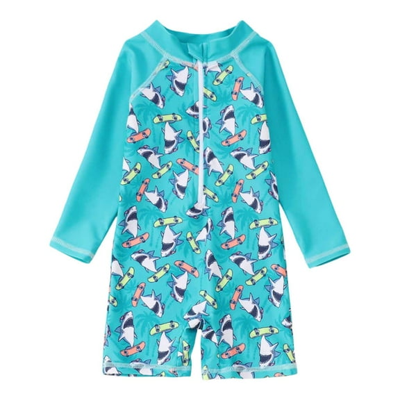 BOOMNY Baby Boys Swimsuits Long Sleeve Cartoon Shark Prints One Peice Rash Guard Swimsuit Soft Quickly Dry Bathing Suit Sets Lovely Child's Swimwear