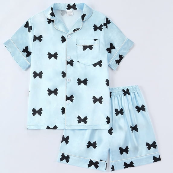 BOOMNY Baby Girls 2 Peice Pajamas Sets Bowknot Graphic Short Sleeve Buttons Sleepwear Tops Shorts Pjs Set for Kids Cozy Loungewear Homewear
