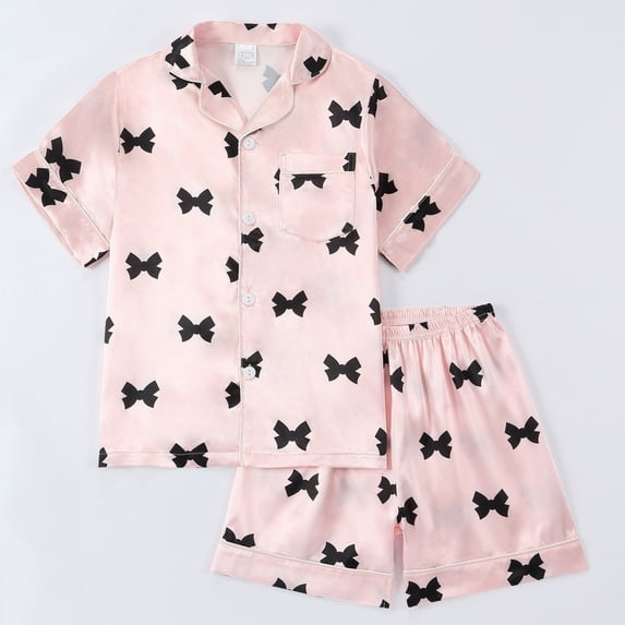 BOOMNY Baby Girls 2 Peice Pajamas Sets Bowknot Graphic Short Sleeve Buttons Sleepwear Tops Shorts Pjs Set for Kids Cozy Loungewear Homewear
