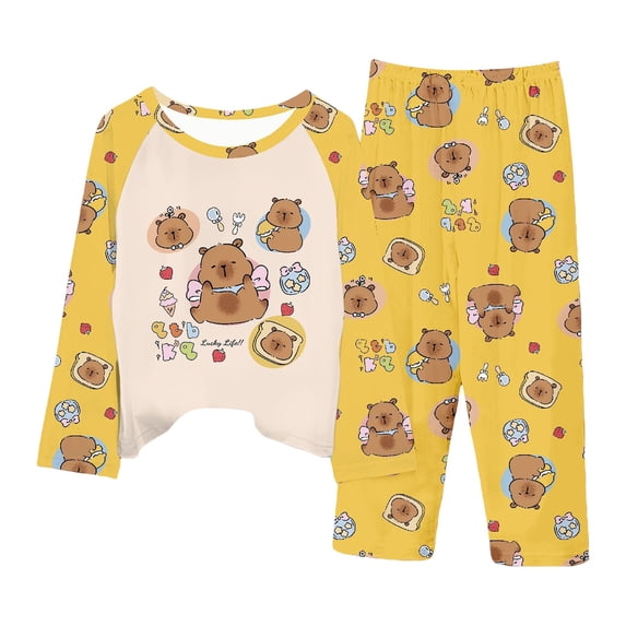 BOOMNY Baby Girls 2 Peice Pajamas Sets Cartoon Capybara Graphic Long Sleeve Sleepwear Tops Pants Pjs Set for Kids Cozy Loungewear Homewear