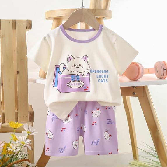 BOOMNY Baby Girls 2 Peice Pajamas Sets Cartoon Graphic Short Sleeve Sleepwear Tops Shorts Pjs Set for Kids Cozy Loungewear Homewear