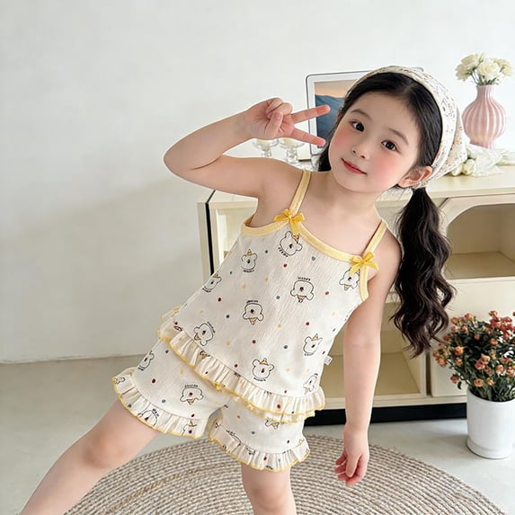 BOOMNY Baby Girls 2 Peice Pajamas Sets Cartoon Graphic Sleeveless Sleepwear Tops Shorts Pjs Set for Kids Cozy Loungewear Homewear
