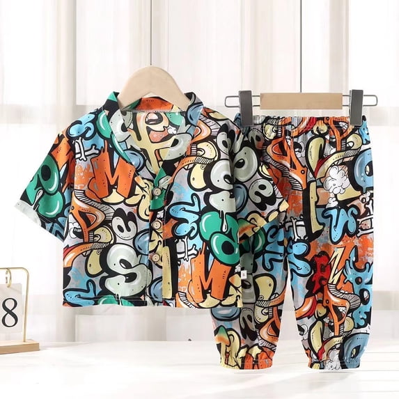 BOOMNY Baby Girls 2 Peice Pajamas Sets Graphic Short Sleeve Buttons Sleepwear Tops Pants Pjs Set for Kids Cozy Loungewear Homewear