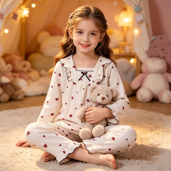 BOOMNY Baby Girls 2 Peice Pajamas Sets Heart Graphic Long Sleeve Ruffled Sleepwear Tops Pants Pjs Set for Kids Cozy Loungewear Homewear