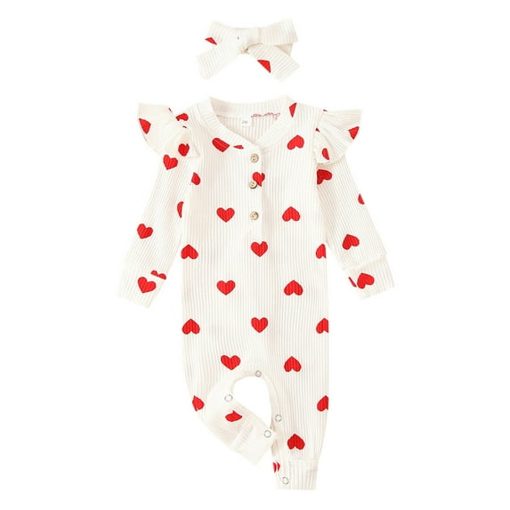 BOOMNY Baby Girls Cute Heart Print Buttons Long Sleeve Romper Jumpsuit With Headband Valentine Clothes Versatile Toddler Onesie
