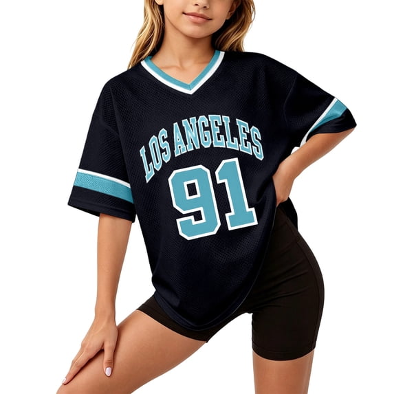 BOOMNY Baby Girls Short Sleeve Basketball T-Shirts V Neck Number 91 Graphic Workout Tee Tops for Girl Soft Activewear