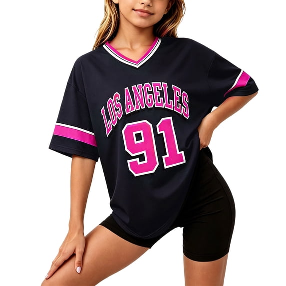 BOOMNY Baby Girls Short Sleeve Basketball T-Shirts V Neck Number 91 Graphic Workout Tee Tops for Girl Soft Activewear