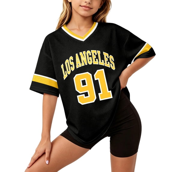 BOOMNY Baby Girls Short Sleeve Basketball T-Shirts V Neck Number 91 Graphic Workout Tee Tops for Girl Soft Activewear