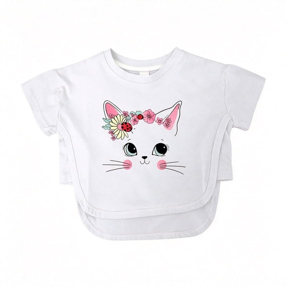 BOOMNY Baby Girls Short Sleeve T-Shirts Crew Neck Cartoon Cat Graphic Tee Tops for Girl Soft Dailywear