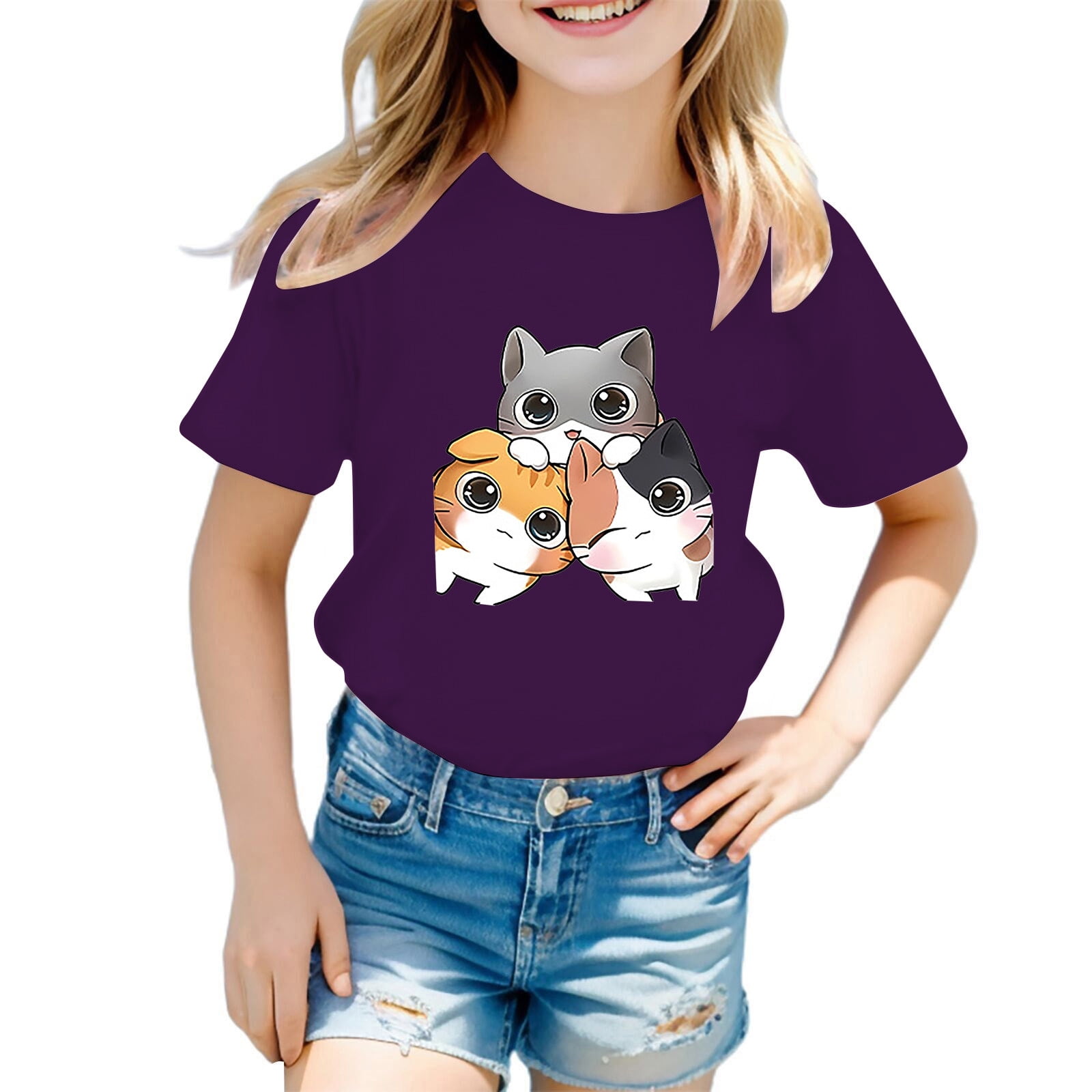 BOOMNY Baby Girls Tshirts Short Sleeve Cartoon Cat Printed T Shirts