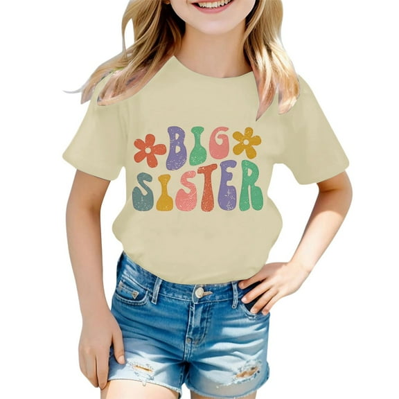 BOOMNY Baby Girls Tshirts Short Sleeve Casual Big Sister Letter Printed T Shirts Lightweight Loose Summer Shirt Tops Leisure Girl's Clothes