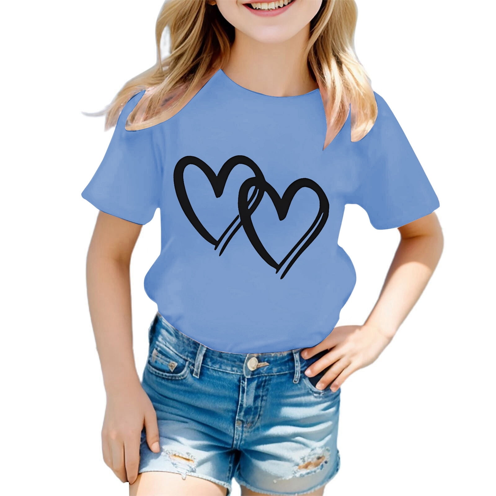 Girls White Heart Printed Short Sleeves T-Shirt With Wide-leg Pants Sets